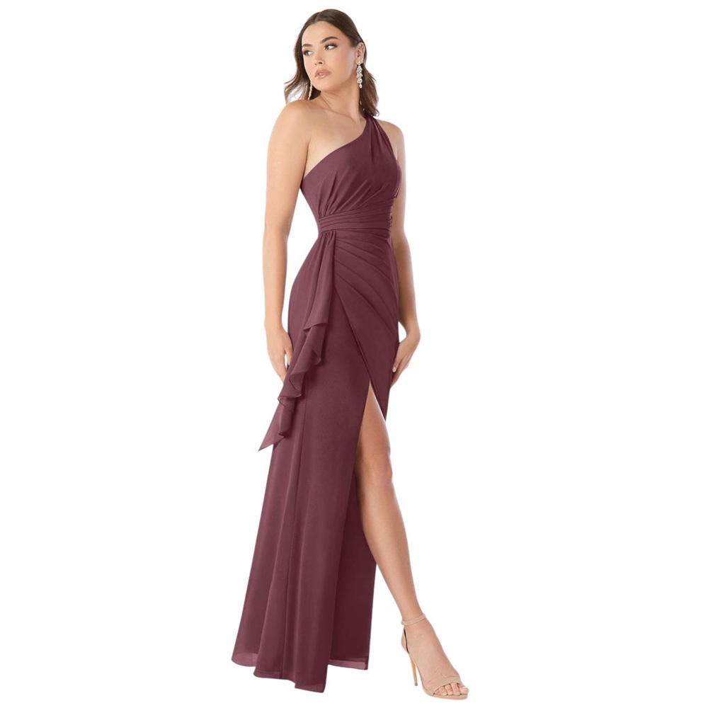 Azazie Maive One Shoulder Sangria Chiffon Dress Size 4 - Picture 3 of 16